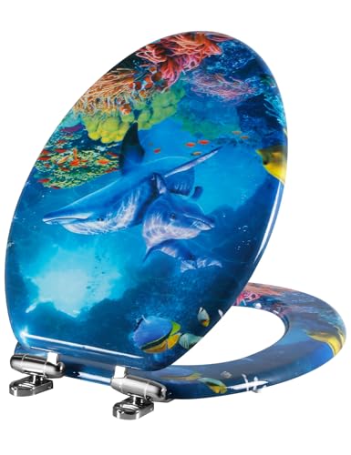 Angol Shiold ELONGATED Soft Close Wood Toilet Seat Blue Ocean Dolphins18.5" | Heavy Duty Quiet and Slow Close Lid and Seat, Quick Release Easy Installation & Clean(Blue Ocean Dolphins) - size: Elongated -18.5"