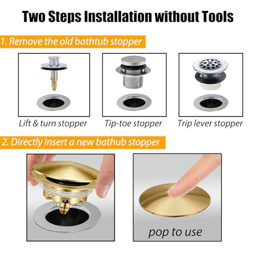 Anlige Bathtub Drain Stopper, Pop Up Tub Stopper and Cover, Bottom with Hair Catcher, Universal for 1.45 in to 1.8 in Drain, Replaces Old Drain Plug, Brushed Gold - color: Brushed Gold