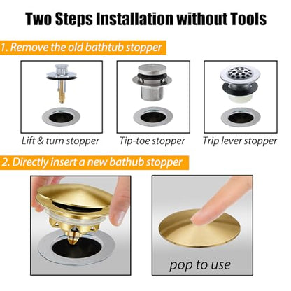 Anlige Bathtub Drain Stopper, Pop Up Tub Stopper and Cover, Bottom with Hair Catcher, Universal for 1.45 in to 1.8 in Drain, Replaces Old Drain Plug, Brushed Gold - color: Brushed Gold