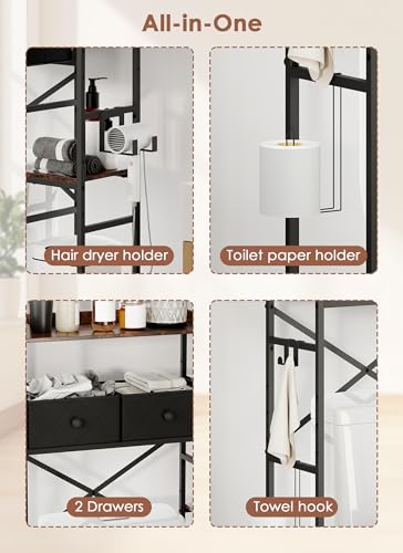 Over The Toilet Storage Rack, 7-Tier Over Toilet Bathroom Organizer with Adjustable Shelf, Above Toilet Storage with Hooks, Space-Saving, Brown Shelf - size: 7 Tier-Brown