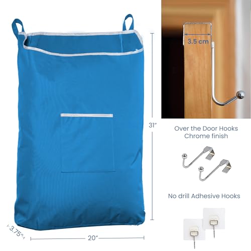 The Fine Living Co. X-Large Hanging Laundry Hamper with Over Door Hooks & Adhesive, Durable Space Saving Laundry Bag with Zipper and Wide Open Top, Hanging Dorm Laundry Hamper 20"x3.75"x31" (Blue-XL) | Hanging Dorm Laundry Hamper with Over Door Hooks & Ad