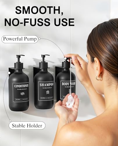 Luxspire 17oz Shampoo and Conditioner Dispenser 3 Sets for Bathroom, Black | Matte PET bottle, no-drill stainless bracket, detachable pump, dual wall/counter install with classification stickers - color: Matte Black
