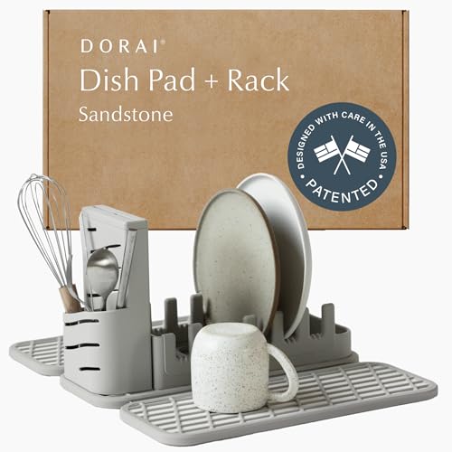 Dorai Home Collapsible Dish Drying Rack with Stone Dish Pad - Kitchen Counter Set with Diatomaceous Earth Stone Dish Mat for Quick Drying - Space-Saving Design - Original 19.9"x15.2", Sandstone - color: Sandstone, size: Original + Rack