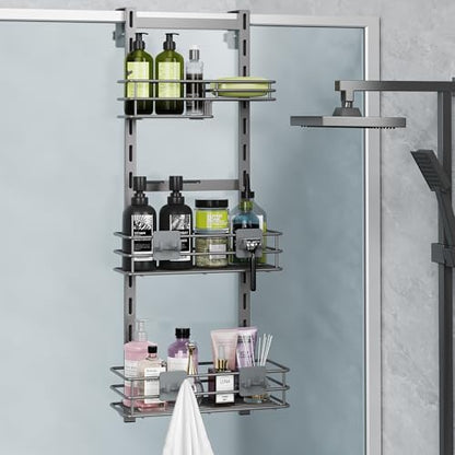 Orimade Over the Door Shower Caddy Adjustable 3 Tier Dark Grey,Bathroom Hanging Organizer Shelf Rustproof with 4 Hooks,Shower Basket with Soap Holder and Suction Cup - color: Dark Grey-3T