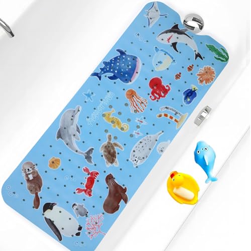 Bath Tub Shower Mat Non Slip Kids Bathtub Mat Anti Slip Baby Bath Mat for Tub 40 x 16 Inch Extra Long Toddler Bath Mat with Suction Cups and Drain Holes for Bathroom Floor,Penguin Seal - color: Penguin Seal