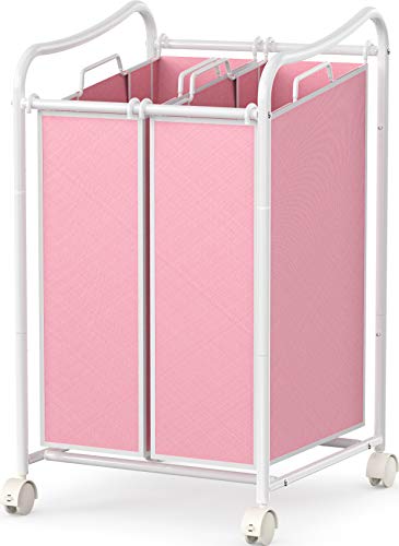 Simple Houseware 2-Bag Heavy Duty Laundry Sorter Rolling Cart, White/Pink | Removable Bags and Lockable Wheels for Laundry Room Organization - color: Pink