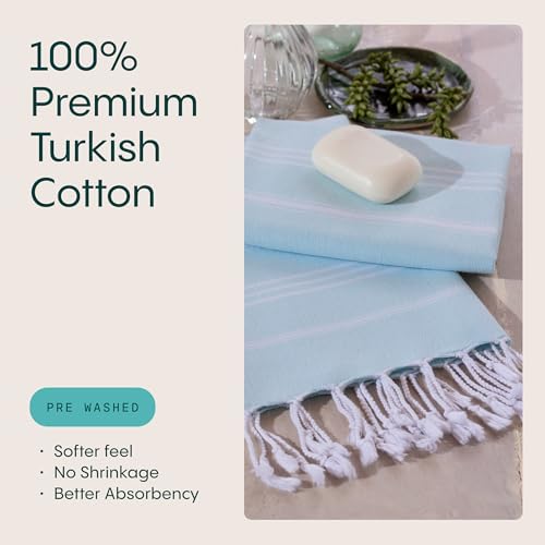 WETCAT Turkish Hand Towels with Hanging Loop, Set of 2 (20" x 30") 100% Turkish Cotton, Pre-Washed, Quick Drying, for Kitchen or Bathroom - Aqua - color: Aqua