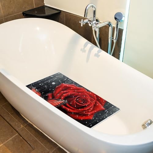 Non Slip Bathtub and Shower Mat 26.8x15.1 inch, Bath Mat with Quick Dry Drain Holes and Suction Cups, Soft Comfortable Safe Bathroom Mat for Bath Tub, Rose Butterflies - color: Multi 9