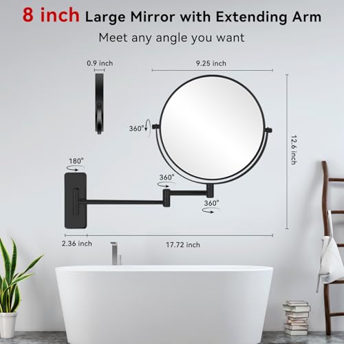 Wall Mounted Magnifying Makeup Mirror, 8 Inch 1X/20X Bathroom Shaving Mirror with Extendable Arm, 360° Swivel Double Sided Wall Mount Mirror for Makeup, Shaving and Grooming, Black