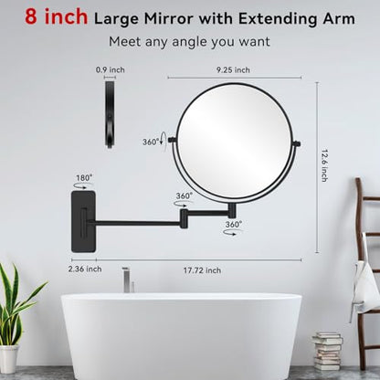 Wall Mounted Magnifying Makeup Mirror, 8 Inch 1X/20X Bathroom Shaving Mirror with Extendable Arm, 360° Swivel Double Sided Wall Mount Mirror for Makeup, Shaving and Grooming, Black