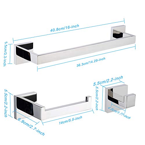 TASTOS 3-Piece Chrome Bathroom Hardware Accessory Set, Premium Stainless Steel Robe Hook Toilet Paper Holder 16-Inch Towel Bar Set Wall Mounted Square Style, Polished Finish (Silver) - color: Polished
