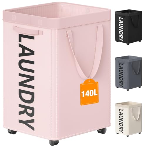 Optish 140L Laundry Hamper with Wheels, Rolling Laundry Basket with Removable Mesh Bag, Extra Large Clothes Hamper on Wheel for Bedroom, Bathroom, Dorm Room Essentials, Pink - color: Pink, size: 140L (37Gal)