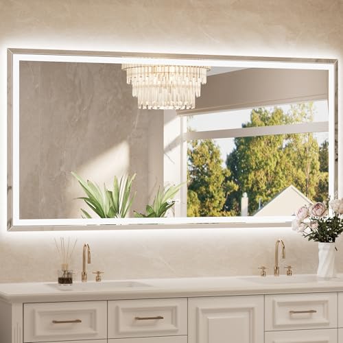 72 x 36 Inch Led Lighted Mirror for Bathroom Wall, Extra-Bright Beveled Bathroom Vanity Frontlit & Backlit Frameless Mirror with 3-Color Lights, Defogging, Tempered Glass, Waterproof - size: 36"L x 72"W