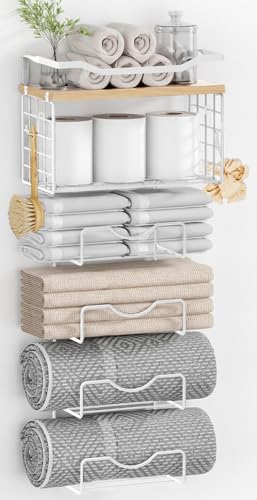 Towel Racks for Bathroom,Towel Rack Wall Mounted, 6 Tier Rolled Or Folded Towel Holder with Floating Shelves, Bathroom Towel Holder for Bath, Hand Towels,White,Walnut Wood Panel - color: Walnut Plack, size: J-type White Rack