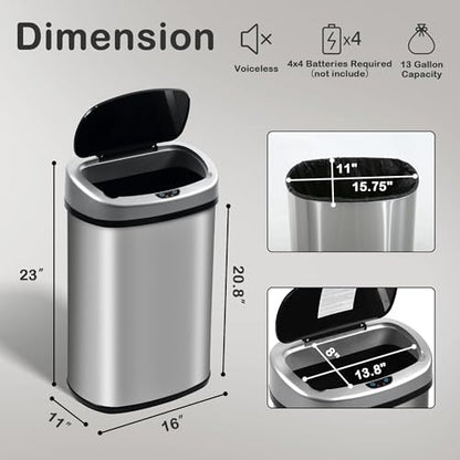 Kitchen Trash Can, 13 Gallon Automatic Gabage Can with Lid and Motion Sensor for Kitchen Home Office Bedroom Bathroom Living Room, Kitchen Garbage Can Touchless Trashcans Stainless Steel Can - color: SILVER