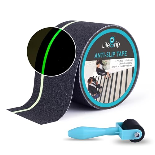 LifeGrip Anti Slip Traction Tape with Glow in the Dark Green Stripe, 4"x40' | Best Grip Tape, Friction, Abrasive Adhesive for Stairs, Tread Steps, Indoor and Outdoor, Waterproof, Visiable at Night - color: Black/Green, size: 4" X 40'