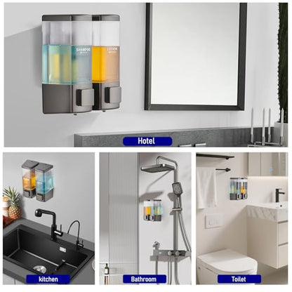 Pollock Shampoo and Conditioner Dispenser 2 Chamber * 500ML | Shower Soap Dispenser Wall Mounted, Body Wash Dispenser No Drill, Refillable Shower Dispenser for Bathroom - color: Blk-zt-53-gun2