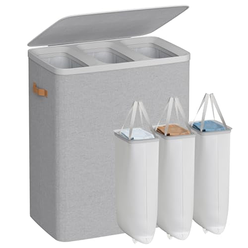 SONGMICS Laundry Basket, 50.2 Gal. Laundry Hamper, 3 Compartments, Easy Assembly, with Lid and Handles, Removable Liners, 25.2 x 15.7 x 29.5 Inches, Dove Gray ULCB814GD01 - color: Dove Gray, size: 190 L (3-Section)