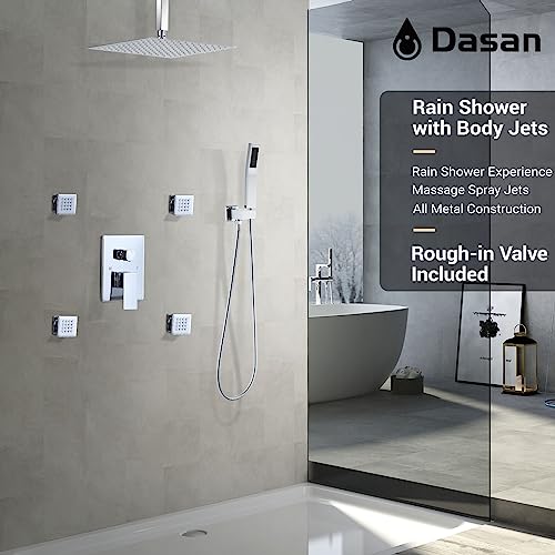 Polished Chrome Shower System with 4 PCS Shower Body Spray Jets & 12’’ Ceiling Shower Head & Handheld Spray, DASAN Full Body Shower Faucet System with Jets Rainfall Shower Combo Set, SA-SS03BCH-S12C - color: Chrome