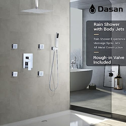 Polished Chrome Shower System with 4 PCS Shower Body Spray Jets & 12’’ Ceiling Shower Head & Handheld Spray, DASAN Full Body Shower Faucet System with Jets Rainfall Shower Combo Set, SA-SS03BCH-S12C - color: Chrome