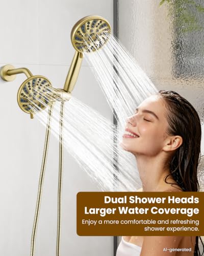 gotonovo Dual Shower Head Kit with Valve 6 Mode Handheld Brushed Gold | 6 Mode ABS Rain Head 6 Mode ABS Handheld Spray 2 in 1 Bathroom Trim Kit Pressure Balance Valve Shower Head and Handle Set - color: Gold