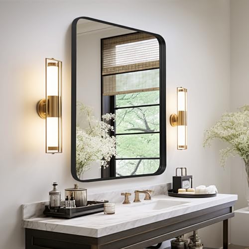 Anpark Wall Mirror 22" x 30" for Bathroom Black Metal Deep Frame Mirror for Wall Decorative Rectangular Round Corner Wall Mounted Vanity Mirror for Bedroom Entryway Living Room Wall Decor - color: Black, size: 30"L x 22"W