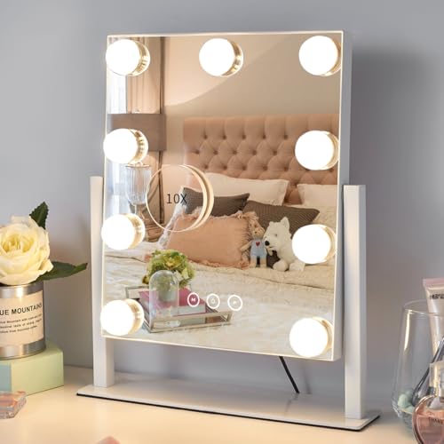Kotdning Vanity Mirror with Lights,Lighted Vanity Mirror with 9 Dimmable Bulbs for Dressing Room & Bedroom,3 Color Lighting,Modes Detachable 10x Magnification 360°Ratation(White) 12" L x 14.4" W - color: White, size: 14.4"L x 12"W