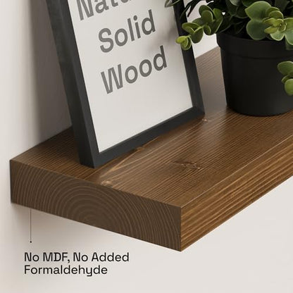 Solid Wood Floating Shelves for Wall 16 Inch Walnut, Wooden Bathroom Shelf | Real Wood, Wall Mounted, Rustic Farmhouse, Bedroom Kitchen Living Room, Walnut Finish, 16W x 6,7D, Set of 2 - color: Walnut, size: 16 Inch