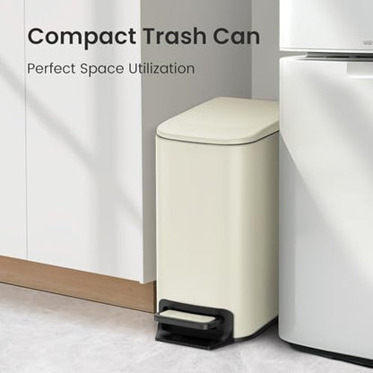 Cesun Small Bathroom Trash Can with Lid, 1.6 Gal, Soft Close, Creamy White | Step pedal soft close, Slim 5.9in fits narrow spaces, Stainless steel, Anti-fingerprint, Removable inner bucket, Odor seal - color: Creamy White