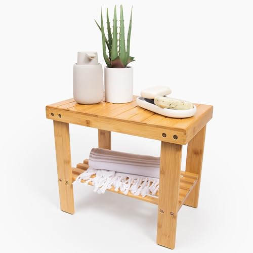 Shower Bench – Waterproof Wooden Spa Seat with Storage Shelf for Bathroom, Sauna & Entryway – Eco-Friendly Bath Stool Available in 3 Sizes - size: 16"