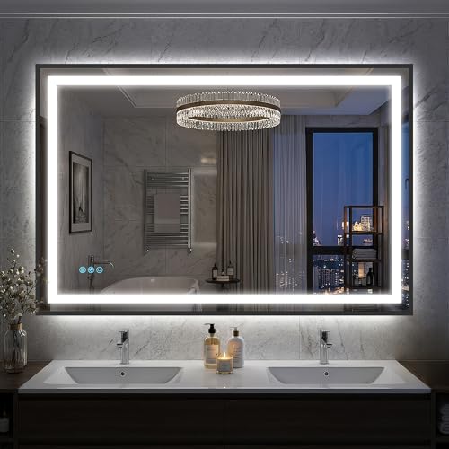 Antok 48X32 LED Bathroom Mirror with Lights, Vanity Mirror for Wall with Black Frame, Touch Control, Anti-Fog, Dimmable Lights, Shatter-Proof, Memory Function, Wall-Mounted Vanity Mirrors - size: 48"L x 32"W