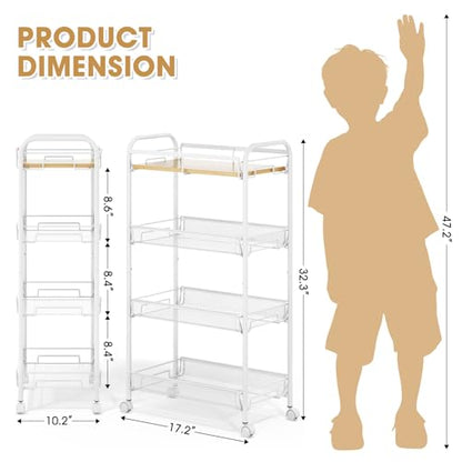TOOLF 4-Tier Rolling Cart, Metal Utility Cart, Slide Out Storage Cart with Wooden Tabletop and Mesh Baskets, Easy Assemble Trolley for Kitchen Bathroom Laundry Room Bedroom Apartments Dormitory - size: Wide, style: White