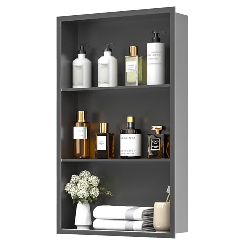 14x24 Recessed Medicine Cabinet, Bathroom Wall Cabinet, 304 Stainless Steel Recessed Wall Niche with 3-Tiers Shelves, Matte Gray - color: Matte Gray, size: 14'' x 24''