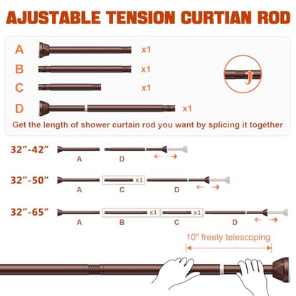 Shower Curtain Rod 32-65 Inches, No Drill Shower Rod Tension, Never Rust Anti-Slip Shower Curtain Rod for Bathroom Window, Adjustable Tension Curtain Rod. Brown - color: brown, size: 32-65 inches