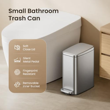 Cesun Slim Bathroom Trash Can with Lid, Soft Close, Silver, 6L/1.6 Gallon | Hidden Trash Bag Design, Small, Stainless Steel, Removable Inner Bucket, Foot Pedal, Odor Control, for RV/Office/Bedroom - color: Silver