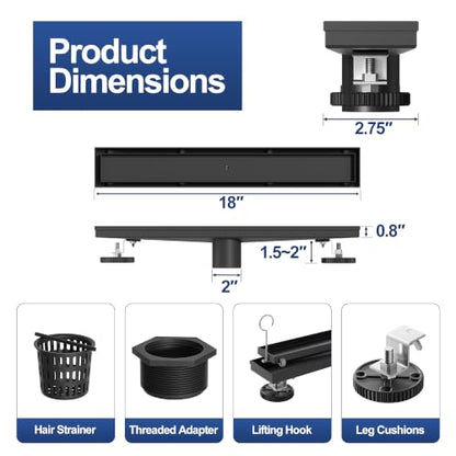 Neodrain 18-Inch Linear Shower Drain-Matte Black,with Tile Insert Grate | 304 Stainless Steel, Fast Drainage, Rectangle Shower Floor Drain with Leveling Feet & Hair Strainer, Fits Bathroom, Balcony - color: Matte Black, size: 18 IN