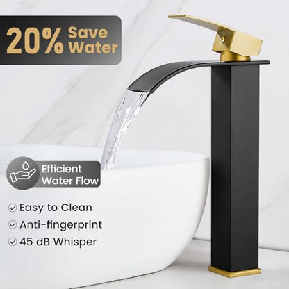 Airuida Vessel Sink Faucet, Black&Gold Tall Waterfall Bathroom Faucet | Single Handle,Tall Bathroom Faucet 1 Hole,Vanity Faucet,without Drain,Bowl Bathroom Faucet - color: Matte Black&Brushed Gold