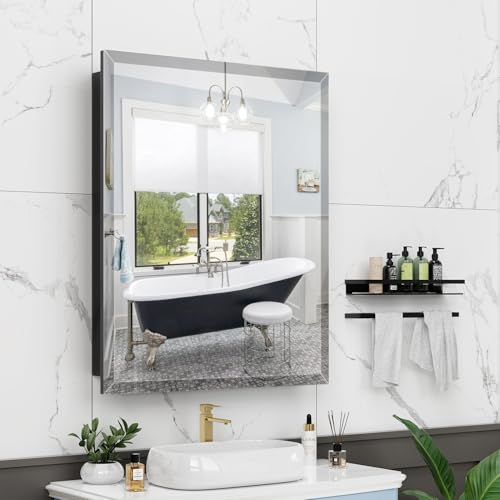 24X30 Inches Medicine Cabinet, Wall Mounted Bathroom Cabinet wirh Beveled Mirror, Recessed or Surface Medicine Cabinet with Storage - size: 24X30 IN