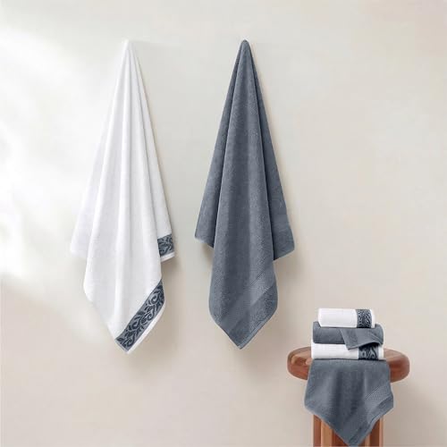 Modern Threads 600 GSM 6-Piece Towel Set with Filgree Jacquard Border Blue - color: Blue, style: Jacquard Border