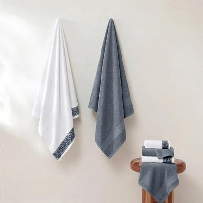Modern Threads 600 GSM 6-Piece Towel Set with Filgree Jacquard Border Blue - color: Blue, style: Jacquard Border