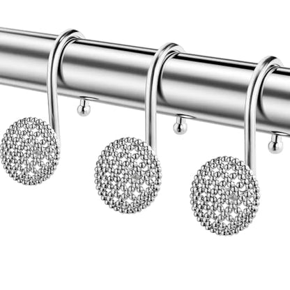 Pearlbee Chrome Shower Curtain Hooks, Round Beaded Design 12Pcs Zinc Alloy | Rustproof heavy duty, 4mm silver zinc alloy,Rrustproof, anti-drop, Smooth glide,Fits shower curtain & liner,Modern Decorative - color: Chrome