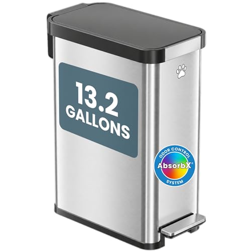 iTouchless 13.2 Gallon / 50 Liter Dog Poop Trash Can with Lid & AbsorbX Odor Filter, Slim Stainless Steel Pet Waste Bin, Soft-Close Step Pedal, Large Capacity Recycle Bin - color: Silver, Black