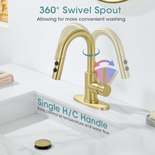 Brushed Gold Bathroom Faucet with Pull Down Sprayer, 2 Flow Mode | Modern Stainless Steel Bathroom Sink Faucet with Pop-up Drain and Hoses, RV & Outdoor Basins, for 1 or 3 Hole - color: Brush Gold