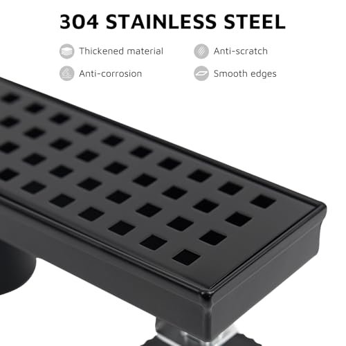 12 Inch Linear Shower Drain Matte Black, Rectangular Shower Floor Drain Kit 304 Stainless Steel, Removable Grid Grate, Hair Catcher, Leveling Feet - color: Matte Black, size: 3"x 12"-Grate