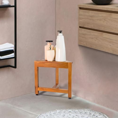 VaeFae Teak Wood Corner Shower Stool for Shaving Foot Rest, Small | Sturdy Design, Triangle Space-Saving Frame, Non-Slip Feet, Easy To Clean