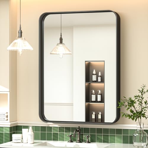 24 x 30 Inch Black Mirror Wall Mirror for Bathroom Black Metal Frame Decorative Rectangular Wall Mounted Home Decor Corner Hangs (Horizontal/Vertical) Living Room Entryway - color: Black, size: 30"L x 24"W, style: Rectangle