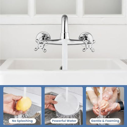 Airuida 8 Inch Center Chrome Polish Wall Mount Kitchen Sink Faucet | Double Cross Handle,Adjustable Center,6 Inch(15cm) Spout - color: Chrome Polish