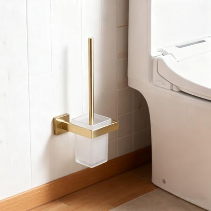 Brushed Gold Toilet Brush and Holder Set, NEWRAIN Wall Mounted Toilet Bowl Brush with Long Handle, Stainless Steel Toilet Brushes for Bathroom-Space Saving - color: Brushed Gold