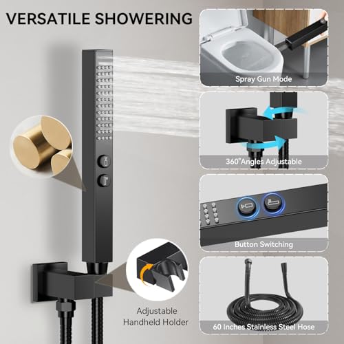 Shower Faucet Set,Thermostatic Shower System,12 Inch Ceiling Mounted and 6 Inch Wall Mount Rain Shower Head with 2 in 1 Handhled,High Pressure Dual Shower Head Combo Set Matte Black - color: Matte Black, size: 12"-1