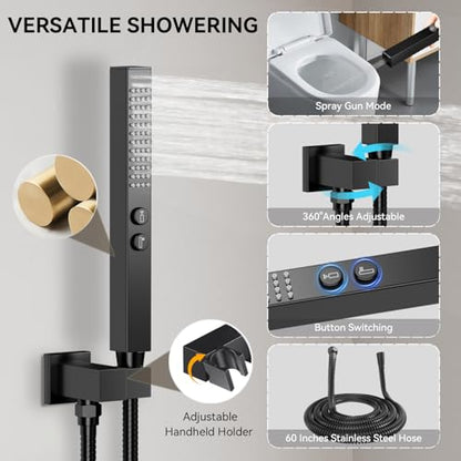 Shower Faucet Set,Thermostatic Shower System,12 Inch Ceiling Mounted and 6 Inch Wall Mount Rain Shower Head with 2 in 1 Handhled,High Pressure Dual Shower Head Combo Set Matte Black - color: Matte Black, size: 12"-1
